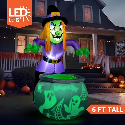 6 Ft Halloween Inflatable Witch and Cauldron Yard Decor with Rotating Ghost Light
