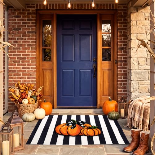 Fall Doormat Set with Pumpkin & Striped Welcome Mats - Outdoor Porch Decor