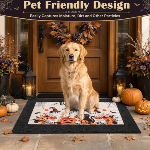 Halloween Welcome Door Mat - Cute Ghost Cat Pumpkin 18x30 Inches - Rubber Doormat