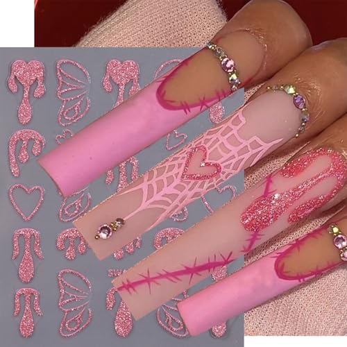 Halloween Nail Stickers 6 Sheets Blood Spider Web Butterfly Self-Adhesive Decals - Black Gold Pink Variation2