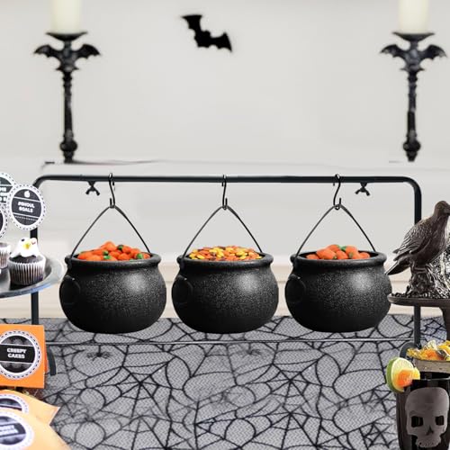 Halloween Cauldron Serving Bowls Set - 3 Black Witches Cauldrons with Rack