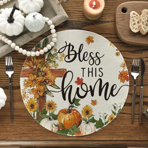 Artoid Mode Beige Cross Pumpkins Fall Round Placemat Set of 4 - 14 Inch