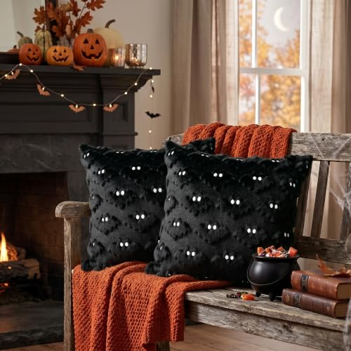 Halloween Pillow Covers 18x18 Inch Set of 2 Black Bat Embroidery - Variation Black1 / 18" x 18"