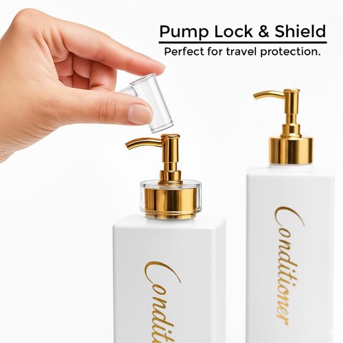 uMadeUs Shampoo and Conditioner Dispenser - Essentials Toiletry Bottles - Shower Refillable Shampoo and Body Wash Soap Pump Bottle – 3X 16oz Family Size Containers - White All Gold 1 Square