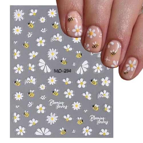 5D Flower Nail Art Stickers - White Daisy & Bee Embossed Decals, 3pcs - Variation 5D Flower 4