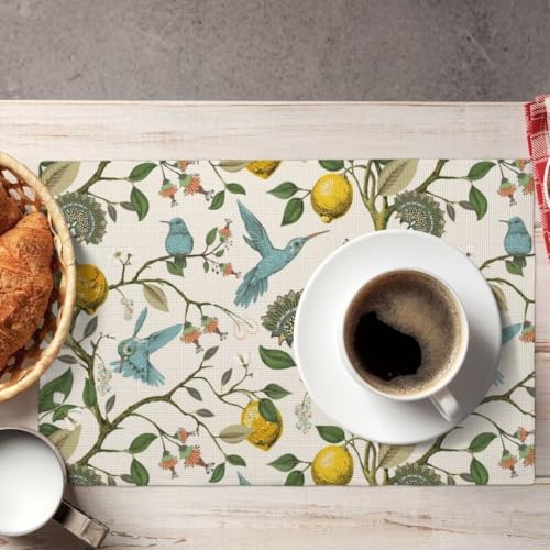 Retro Lemon Placemat Set of 4 - Summer Blue Birds Botanical Flower Table Mats