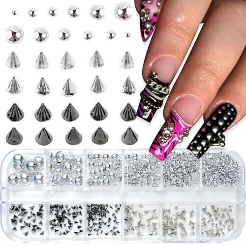 Silver Punk Bullet Rivet Nail Charms 12-Grid 3D Alloy Nail Art Decorations