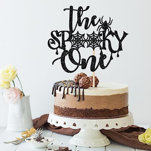 Halloween Spooky One Cake Topper - Black Glitter Birthday & Baby Shower Decor