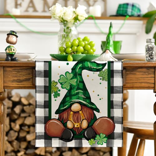 Buffalo Plaid Shamrock Gnome Table Runner 13x60 Inch St. Patrick's Day Decor