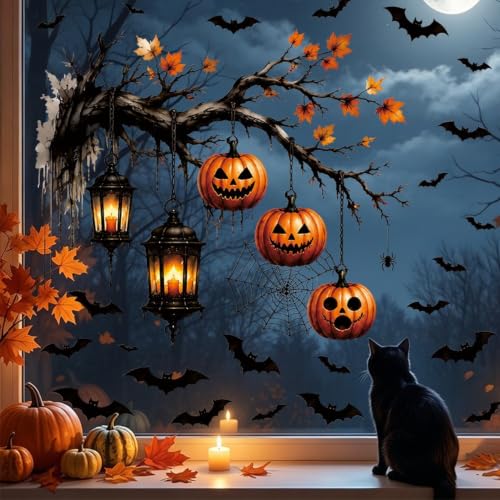 Halloween Pumpkin Window Clings Spooky Bat Spider Web Decor - Variation 1279