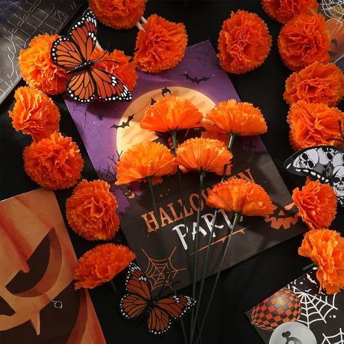 Artificial Marigold Flowers Set - 30pcs Silk Flowers with Stems for Decor & DIY Crafts - Orange, 30pcs