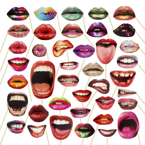 Funny Lips Photo Booth Props Set - 40 Pieces with Sticks for Parties & Events - Variation of Funny Lips Props-40pcs / One Size