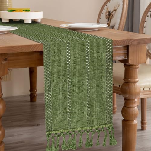 Sage Green Boho Table Runner 12x72 Inches with Tassels - Rustic Cotton Linen Decor