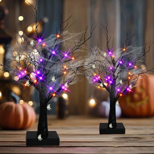 Dazzle Bright 2 Pack 20-Inch Lighted Halloween Birch Tree Decor with Spiders & Timer