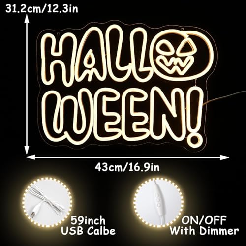 White Halloween Neon Sign for Wall Decor - Pumpkin Letter LED Light for Shop & Bedroom - 16.9x12.3 Inches - Safe & Energy Efficient