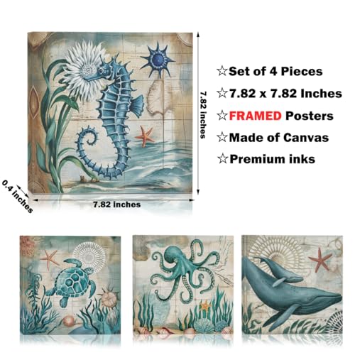 Beach Wall Art Set - Ocean Sea Turtle Octopus Canvas Pictures, Variation Ocean 02