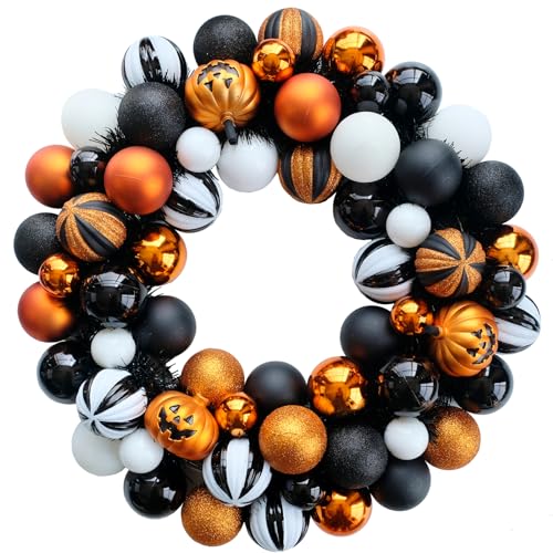Halloween Wreath for Front Door - 18-Inch Artificial Ball Wreath Halloween Decor - Black, Gold, White Balls