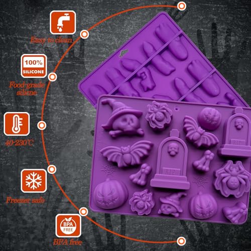 Halloween Silicone Molds 2 Pack for Baking Candy & Decorations, Ghost Skull Pumpkin