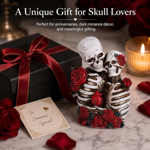 Skeleton Couple Figurines Halloween Day of the Dead Decor Gothic Valentine Statue - White & Red