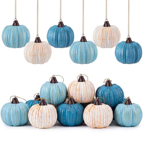 Resin Fall Pumpkin Ornaments for Tree - Blue Farmhouse Decor, 12 Pcs