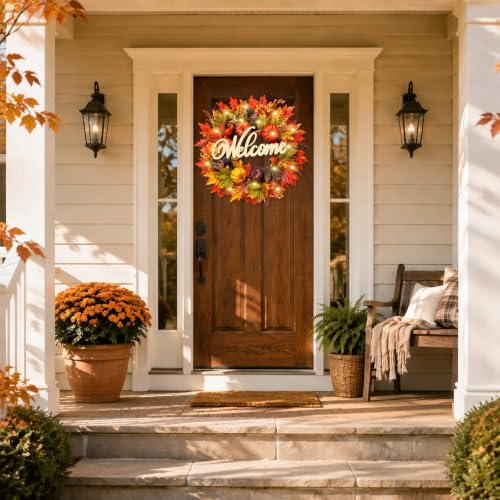 24-Inch Fall Wreath with Lights & Welcome Sign - Autumn Front Door Decor