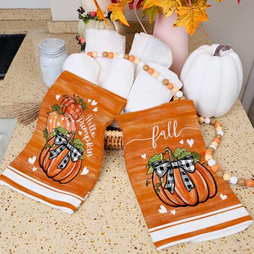 Pumpkin Fall Kitchen Towels Set of 2 - Black Ribbon Autumn Decor