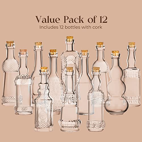 Mini Glass Bottles with Corks 12-Pack Assorted Shapes for Crafts and Decor