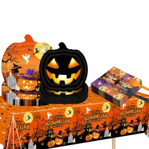 Halloween Pumpkins Party Plates Set 81pcs Orange & Black with Tablecloth & Utensils