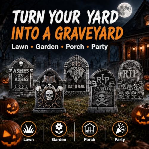 Outdoor Halloween Tombstone Decorations Set - 10 Large Graveyard Headstones for Yard and Lawn Display
