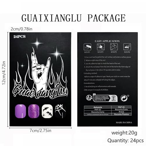 Halloween Press On Nails Short Square Fake Nails with Spider Ghost Design Purple Glitter - Variation 11