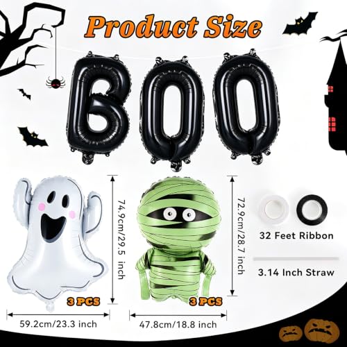 Halloween Ghost & Mummy Foil Balloons Set - Black, 9 Pcs Party Decor