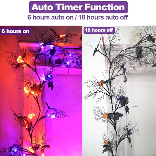 Halloween Garland with Lights 8.86FT 72LED Willow Vine Twig with Timer - Orange & Purple Pumpkins, Spiders, Leaves - Indoor Outdoor Decor