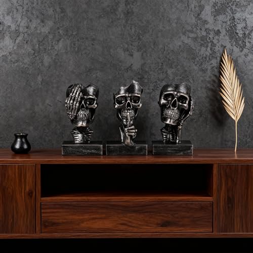 Halloween Skeleton Figurines Set - See No Evil, Hear No Speak No Evil Skeleton Statues in Black Gold - Gothic Home Decor