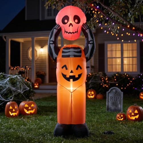 6FT Halloween Inflatable Pumpkin Skeleton with LED Lights - Yard Decor, Spooky Halloween Party