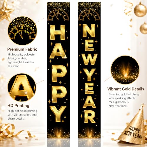 Black Gold New Year Porch Banner - Happy New Year Decorations 2027
