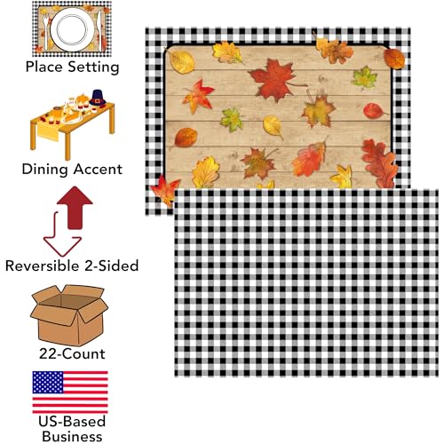 Disposable Reversible Paper Place Mats 14x10 Inches - Gingham & Fall Leaves Design