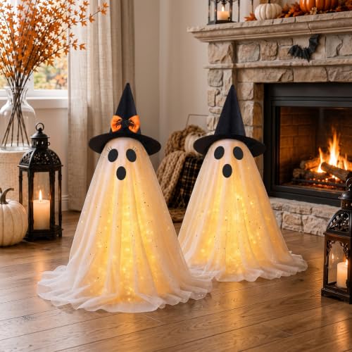 Lighted Ghost Halloween Decorations Set - 2 Pre-Assembled Spooky & Cute Ghosts with LED Lights