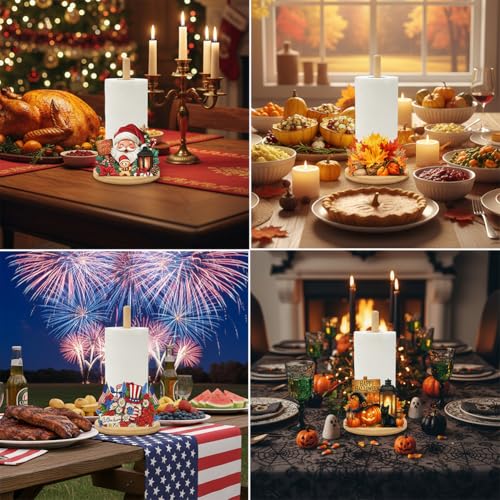 Rustic Bamboo Paper Towel Holder with 11 Seasonal Holiday Signs - Kitchen Decor
