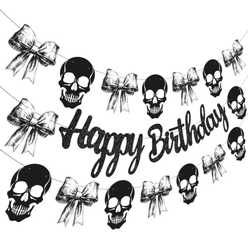 Gothic Birthday Banner Black Skull and Bow Spooky Party Decor