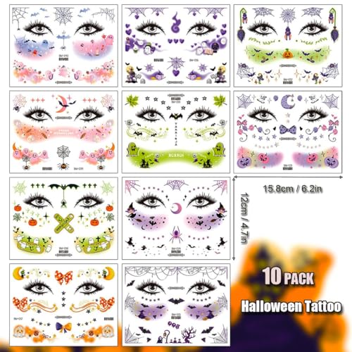 Halloween Temporary Face & Body Tattoos for Kids Adults 10 Sheets Party Favors