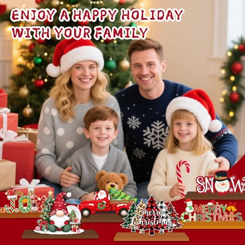 Christmas Wooden Tabletop Decoration Set - Red, 6 Pieces, Holiday Scene