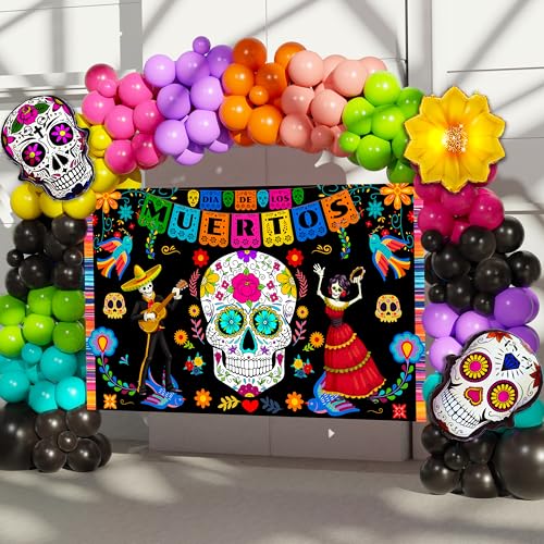 Dia De Los Muertos Balloon Arch Kit with Large Backdrop Banner - 162PCS Halloween Fiesta Decor