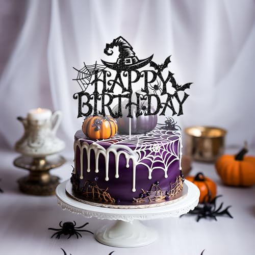 Halloween Birthday Cake Topper Witch Bat Spider Glitter Decor - Black