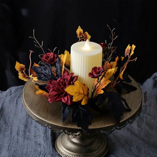 Halloween Candle Ring with Red Flowers and Maple Leaves - Fall Centerpiece Decor