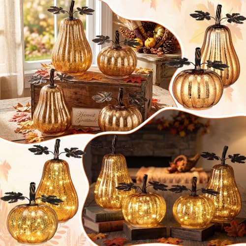 Glooglitter 4-Piece Gold Glass Pumpkin Lighted Fall Thanksgiving Decor - Layered Heights with Timer