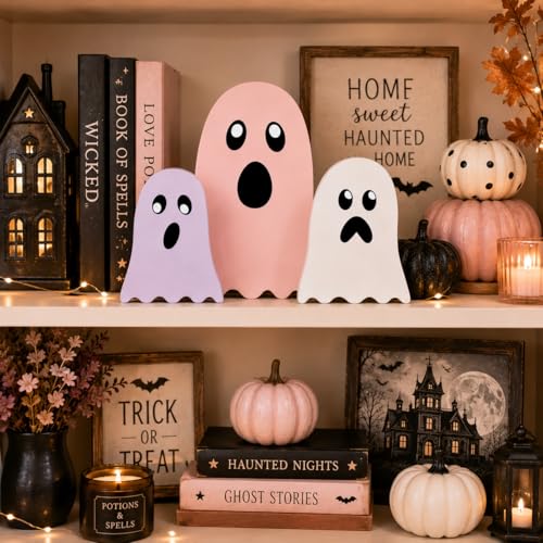 Pink Halloween Ghost Decor Set - Wooden Tabletop Seasonal Decorations