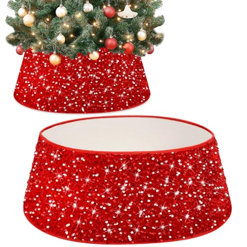 Red Christmas Tree Collar Sequin Tree Skirt 28 Inch Velvet Holiday Decor