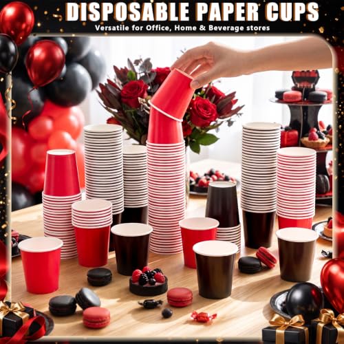 Disposable Paper Cups 8 oz Black and Red Set for Parties and Events - 300 Pack