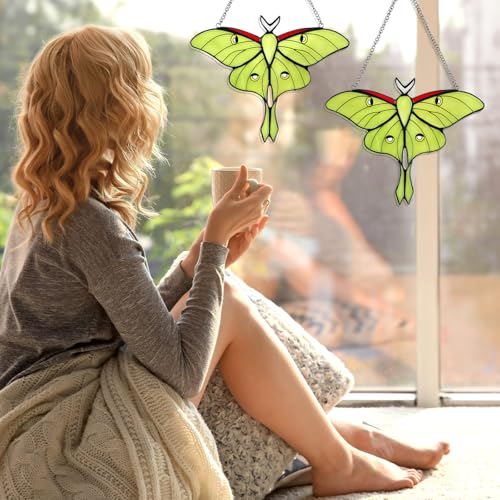 Luna Moth Stained Glass Window Hanging Set - Butterfly Decor Gifts - Variation of Luna Moth