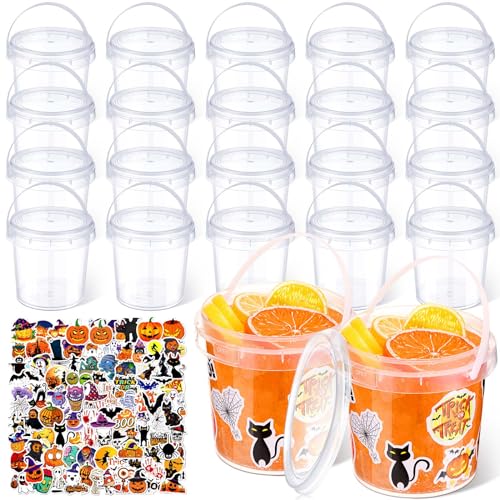 Halloween Candy Buckets Set with Stickers - 20 Plastic Pails with Handle, 34oz Capacity